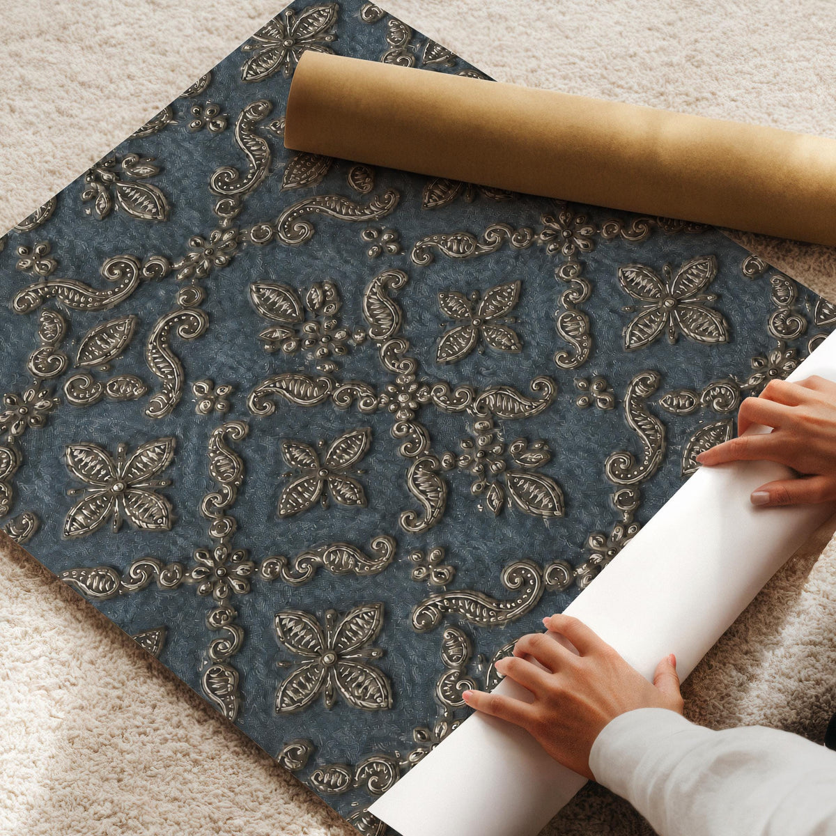 Richly patterned damask picture for library — ornamental wall print with embroidered aesthetic in bronze and slate tones