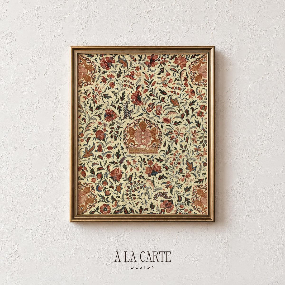 Rustic floral crown wall picture — aged textile design with intricate vines, blossoms, and embroidered aesthetic