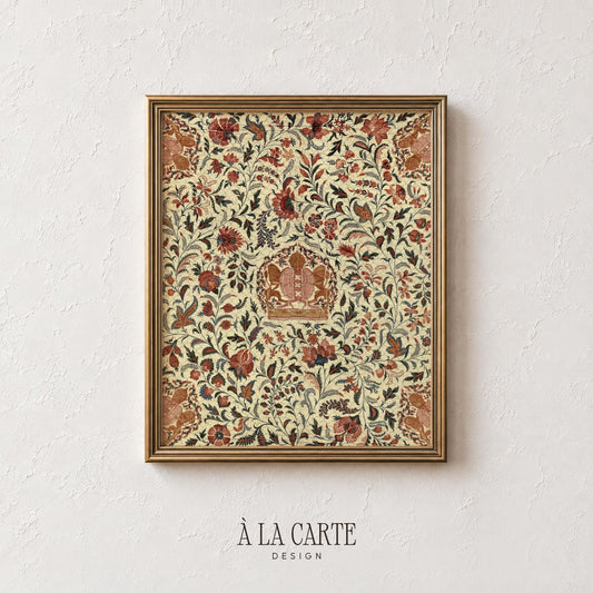 Rustic floral crown wall picture — aged textile design with intricate vines, blossoms, and embroidered aesthetic