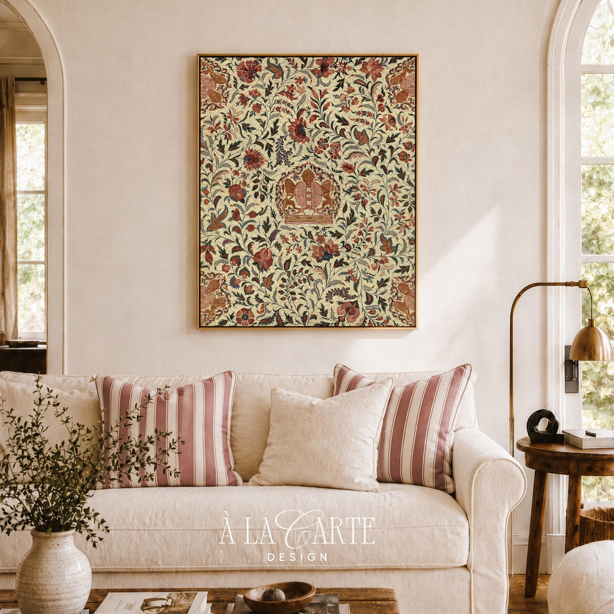 Heritage floral tapestry wall decor printable — intricate botanical pattern with cream, olive, and rust palette