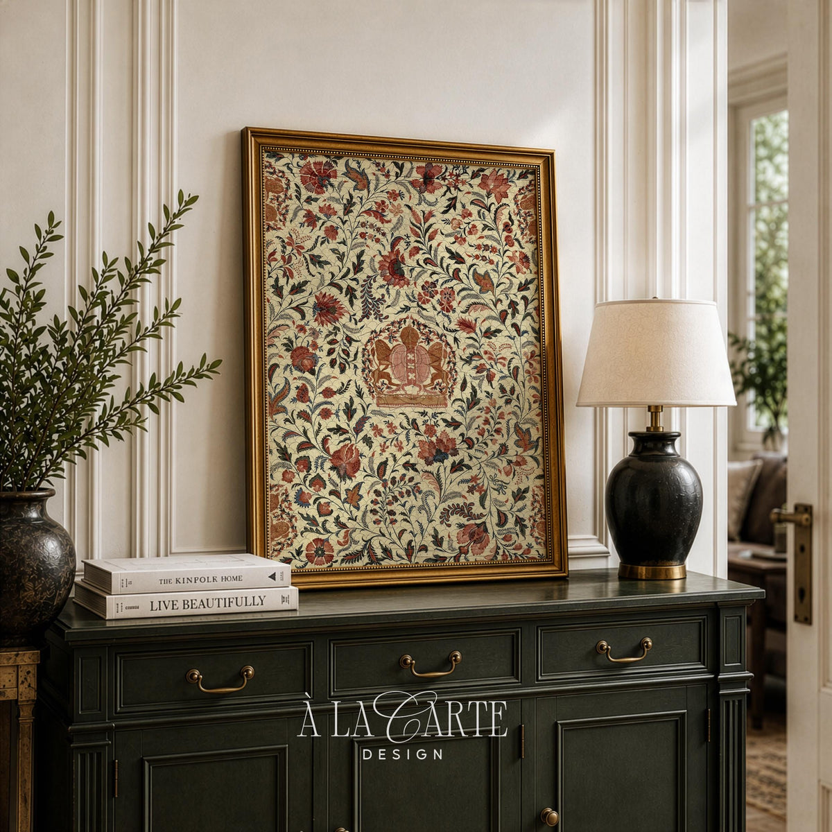 Cottagecore botanical crown picture — heirloom textile design with elaborate floral clusters and symmetrical composition