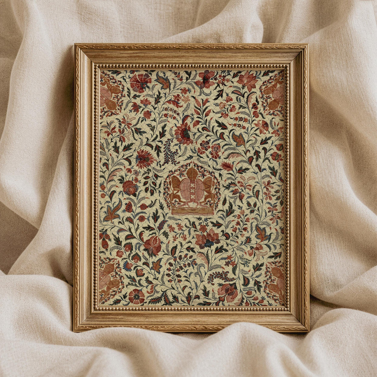 Old-world botanical embroidery-style poster for dining room — symmetrical floral frame with elegant linework