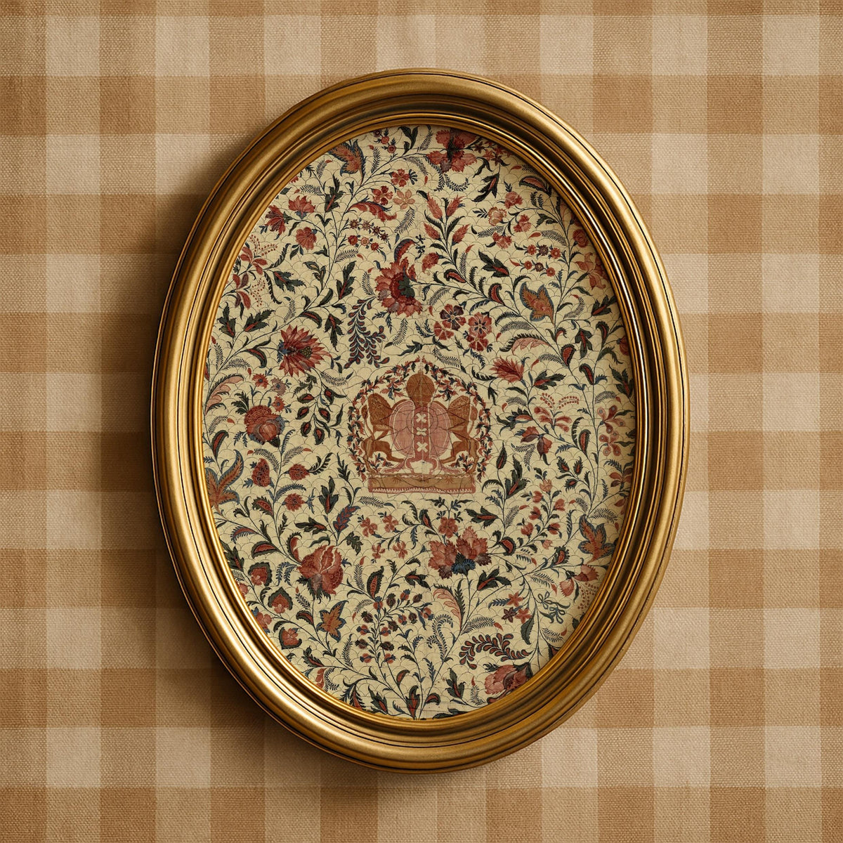 Antique heraldic wreath poster for bedroom — vintage-inspired textile art with ornate symmetrical layout