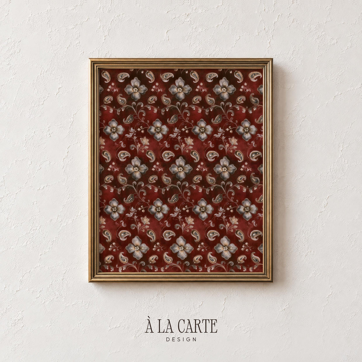 Antique textile art print with scrolling vines and teardrop motifs — moody traditional wall decor