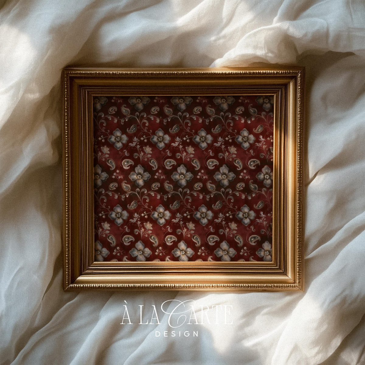 Vintage garden tapestry wall picture with dense botanical motifs — moody color palette instant download