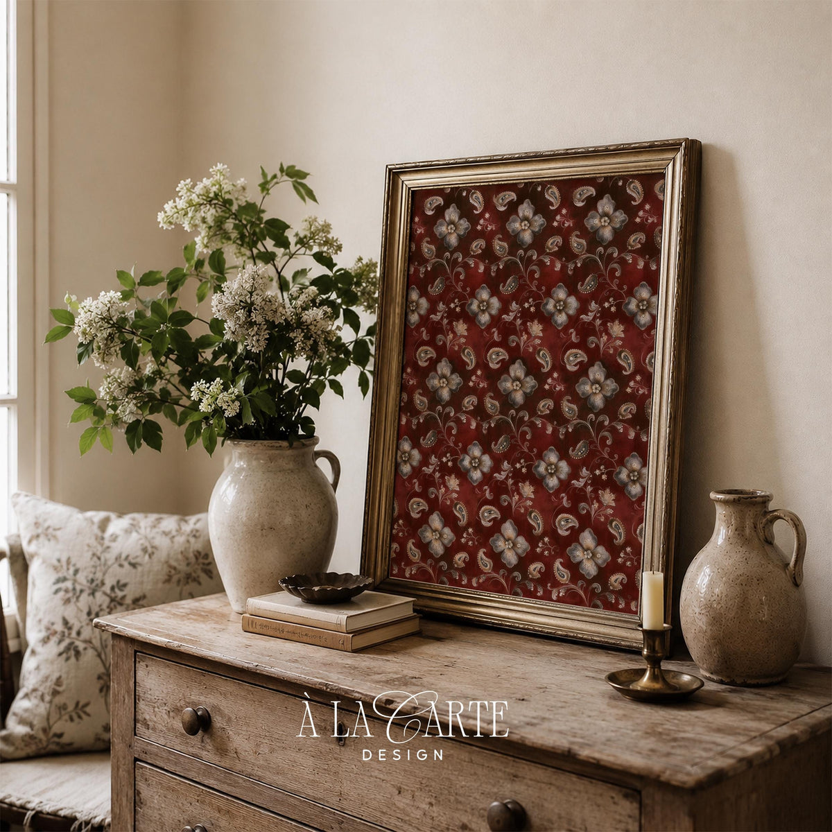 Vintage tapestry-pattern artwork with layered florals and scrolls — moody traditional elegance