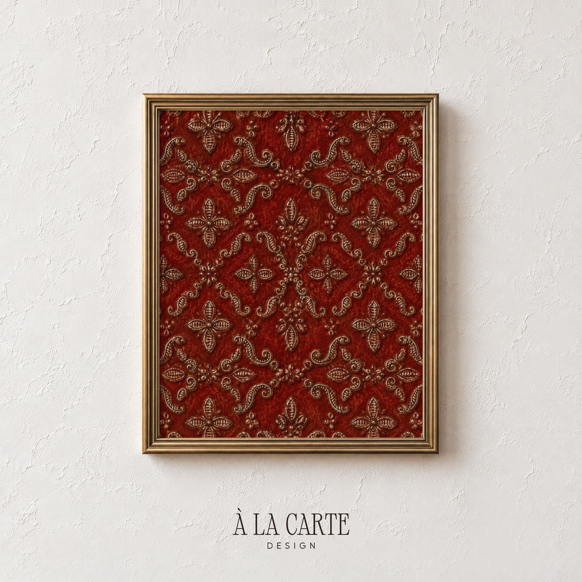 Antique woven fabric aesthetic poster featuring ornate damask medallion repeats in rich wine with gold embellishments