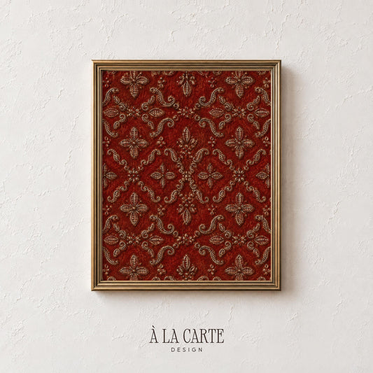 Antique woven fabric aesthetic poster featuring ornate damask medallion repeats in rich wine with gold embellishments
