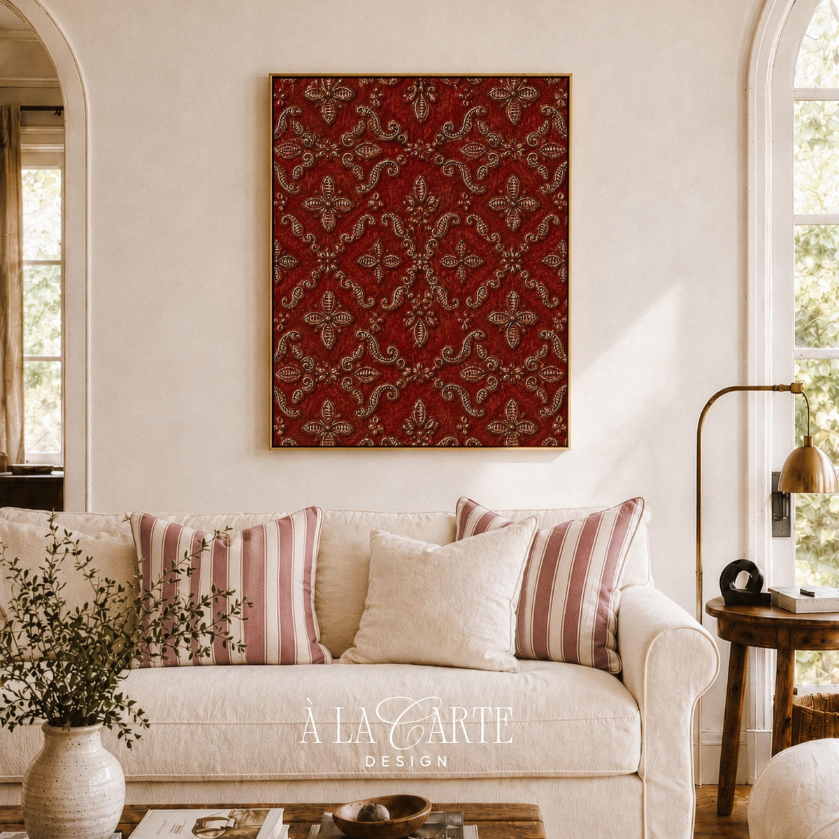 Rustic-elegant tapestry digital print featuring symmetrical damask design with beaded borders in wine and gold