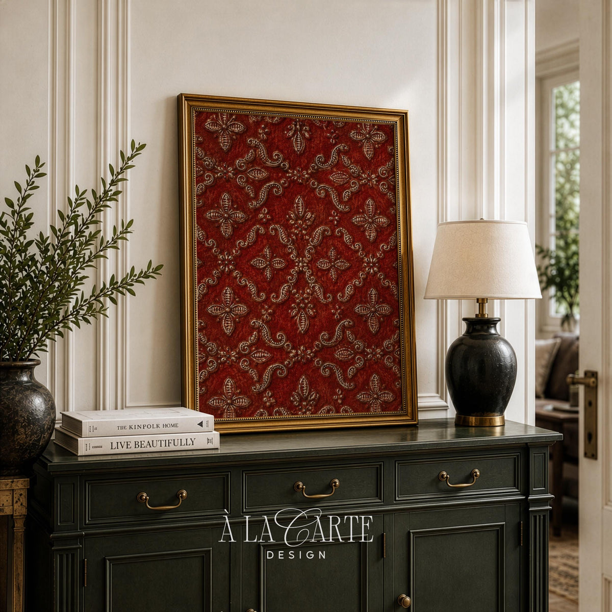 Vintage woven textile printable art displaying ornamental damask medallions throughout elegant crimson canvas