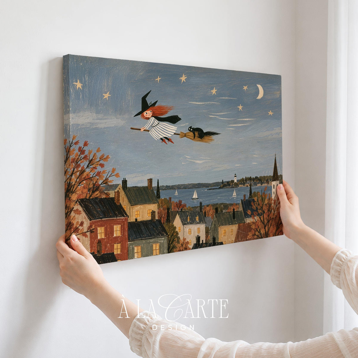 Magical midnight flying witch artwork printable — folk-inspired digital print with spooky-cute village and starry twilight sky