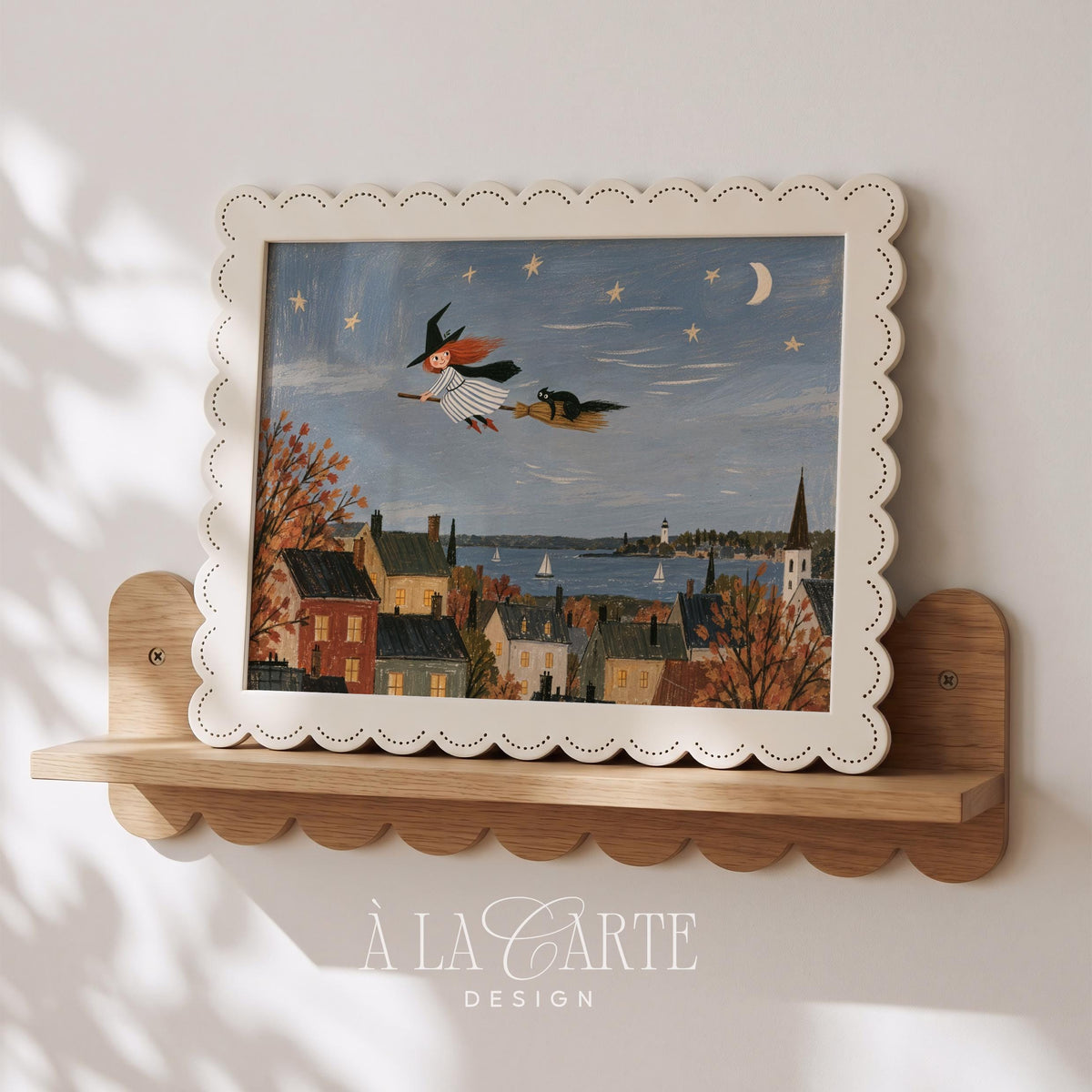 Enchanted witch flying on broomstick printable art for bedroom — folk art style with crescent moon and coastal village