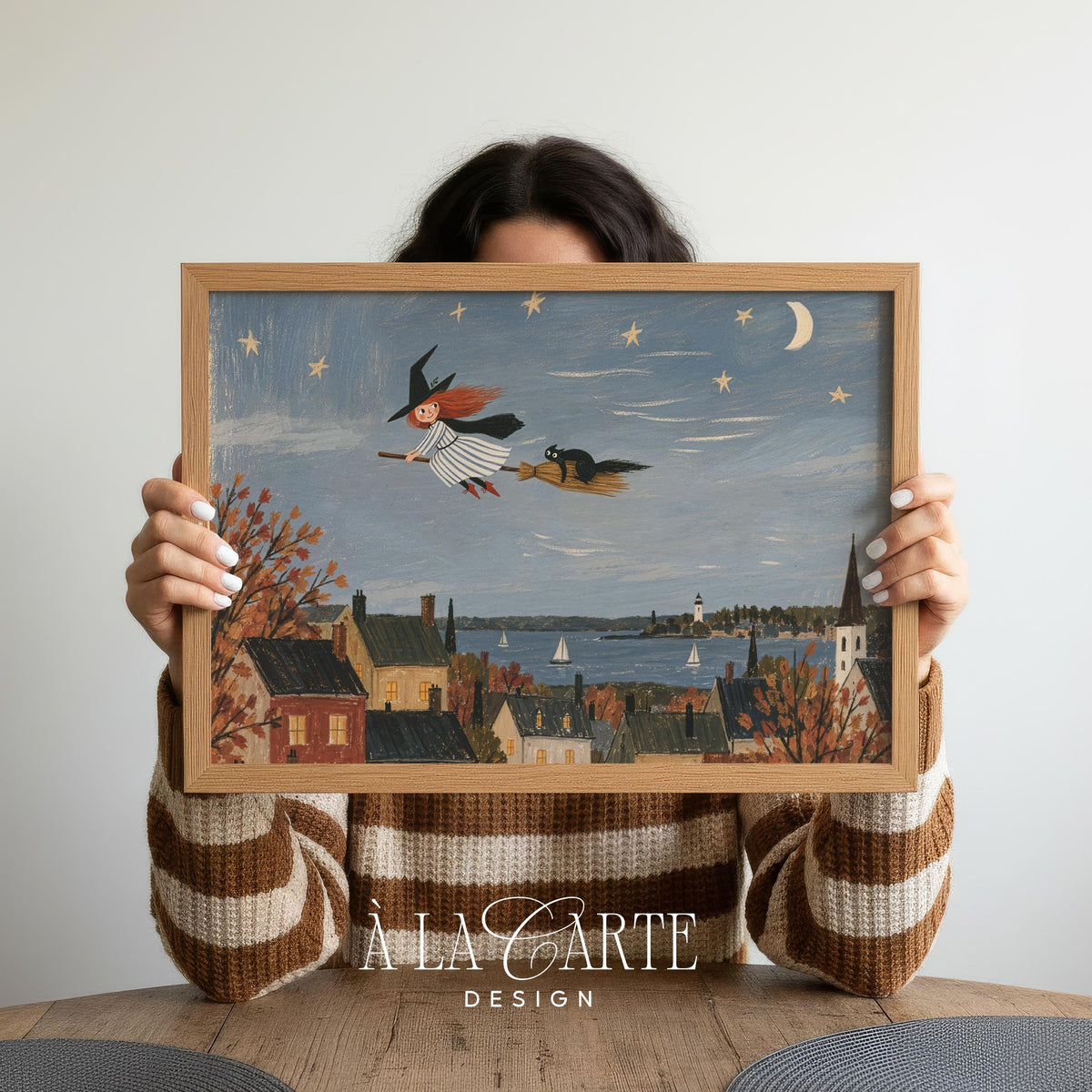Spooky-sweet witch portrait poster for kids room — storybook painting style with cozy harbor village and crescent moon