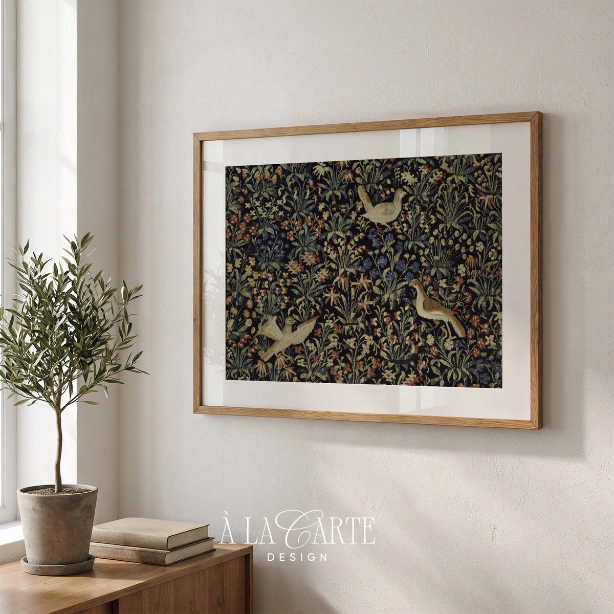 Vintage Floral Bird Wall Art, Antique Textile Print, Medieval Floral Tapestry, Botanical Bird Printable, Whimsical Floral Print H121