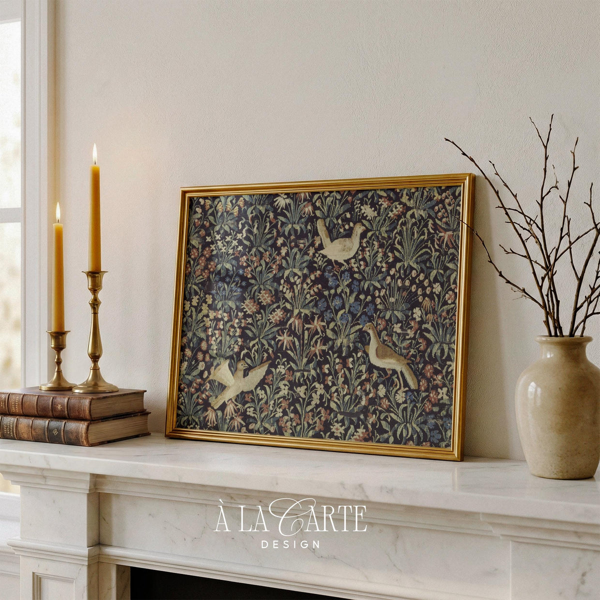 Vintage Floral Bird Wall Art, Antique Textile Print, Medieval Floral Tapestry, Botanical Bird Printable, Whimsical Floral Print H121