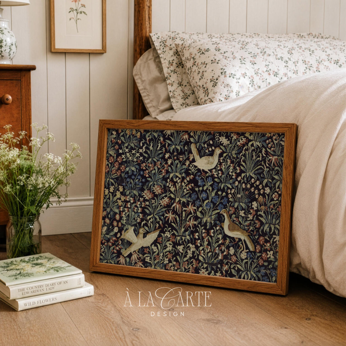Vintage Floral Bird Wall Art, Antique Textile Print, Medieval Floral Tapestry, Botanical Bird Printable, Whimsical Floral Print H121