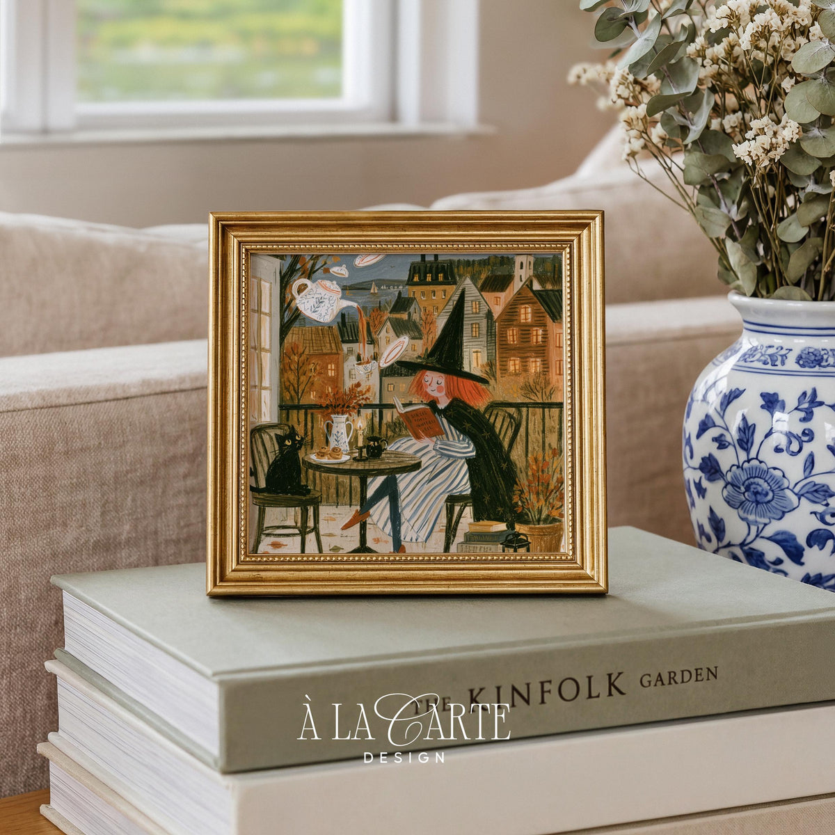Mystical reading moment poster for entryway — warm cottagecore palette featuring book-loving sorceress