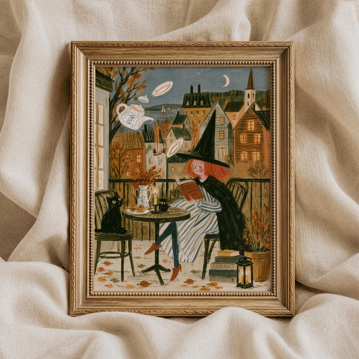 Autumn witch picture for kitchen — cozy café setting with floating beverage service and feline companion