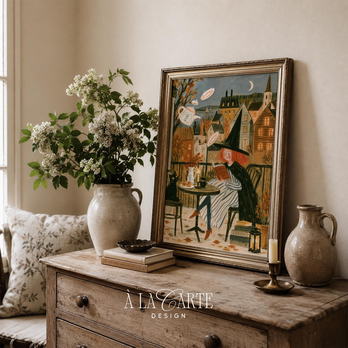 Storybook witch wall art printable — balcony scene with brewing teapot, cat silhouette, and night ambiance