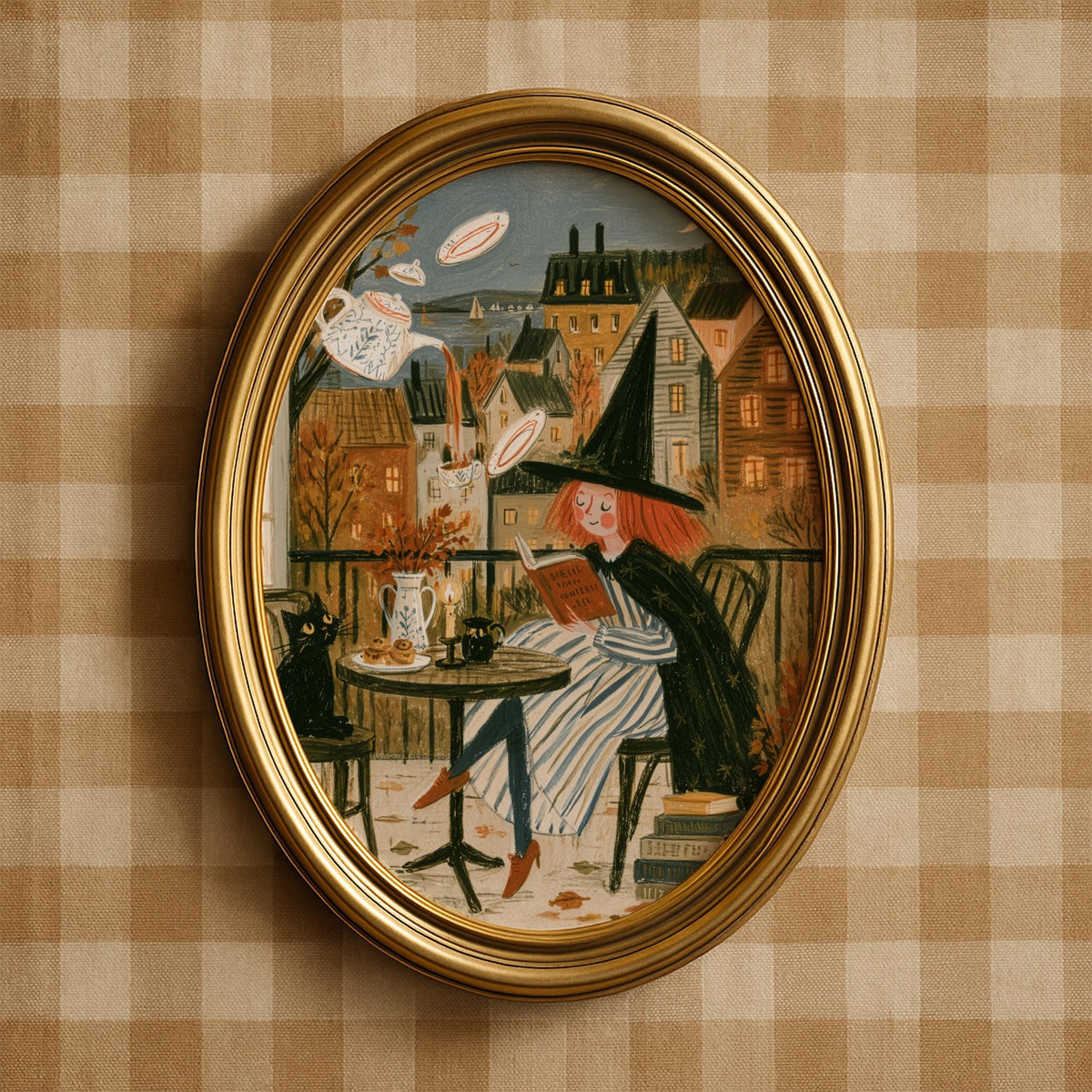 Spooky-cute witch digital print for living room — vintage storybook aesthetic with moon and church steeple