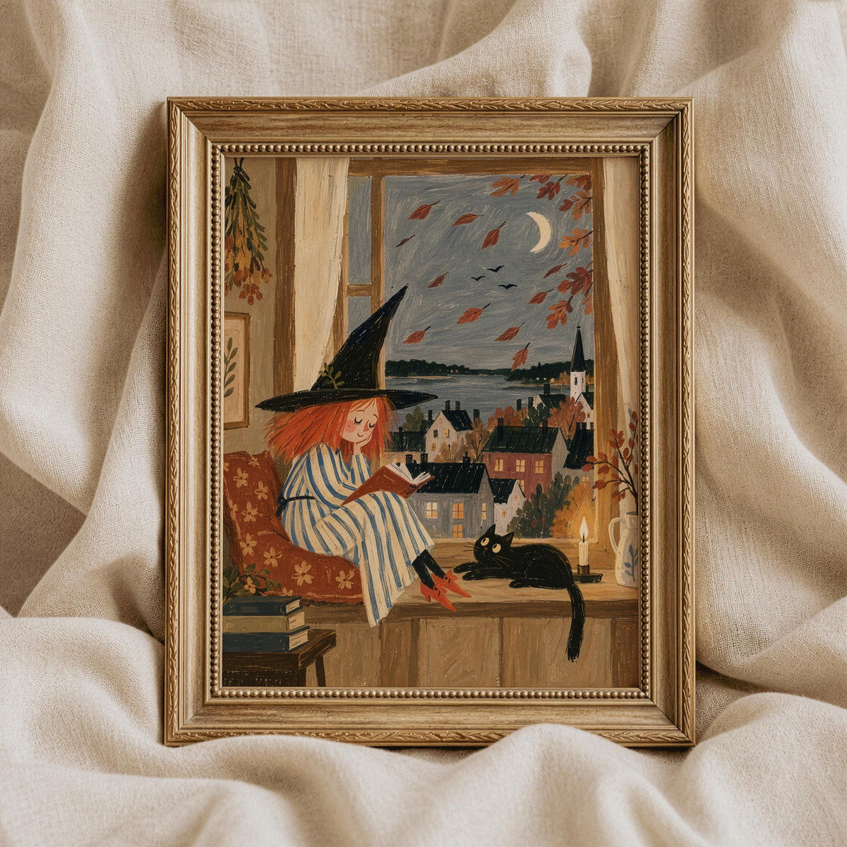 Woman reading book wall art for library — charming Halloween-themed illustration with black feline companion and warm muted tones