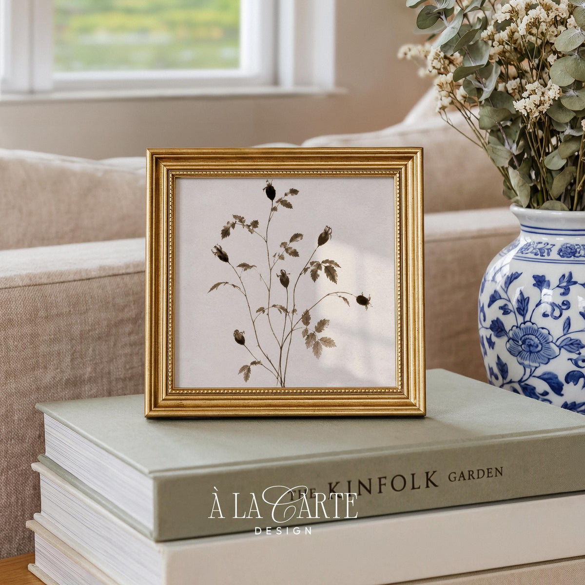 Cottage botanical branch artwork printable — warm brown tones with delicate pressed plant composition