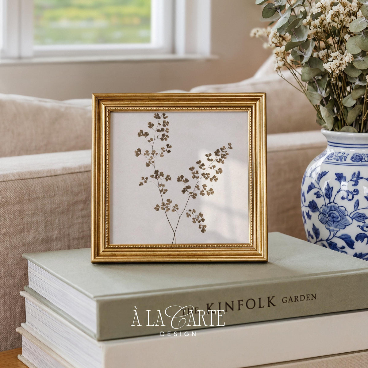 Pressed plant specimen wall art featuring delicate branching foliage — neutral cottagecore aesthetic