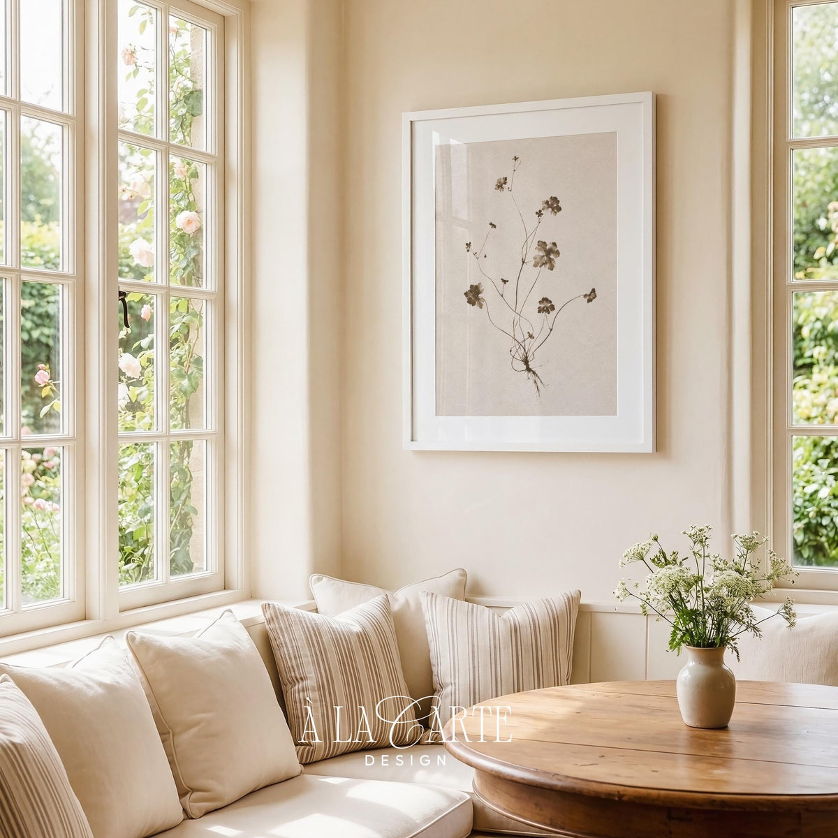 Pressed flora digital print for nursery — minimalist botanical arrangement with visible root system on aged cream backdrop