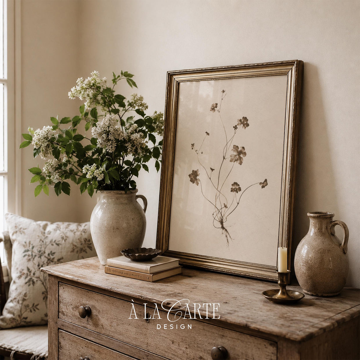 Dried plant specimen poster for farmhouse — minimalist herbarium-style wall art on cream background with cottagecore aesthetic