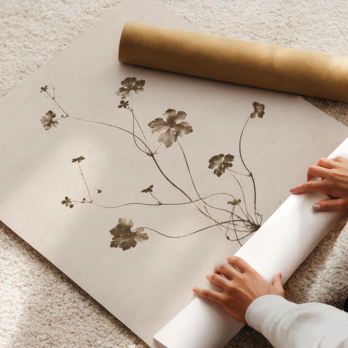 Minimalist flower stems poster art for office — dried plant herbarium print with neutral sepia color palette and rustic charm