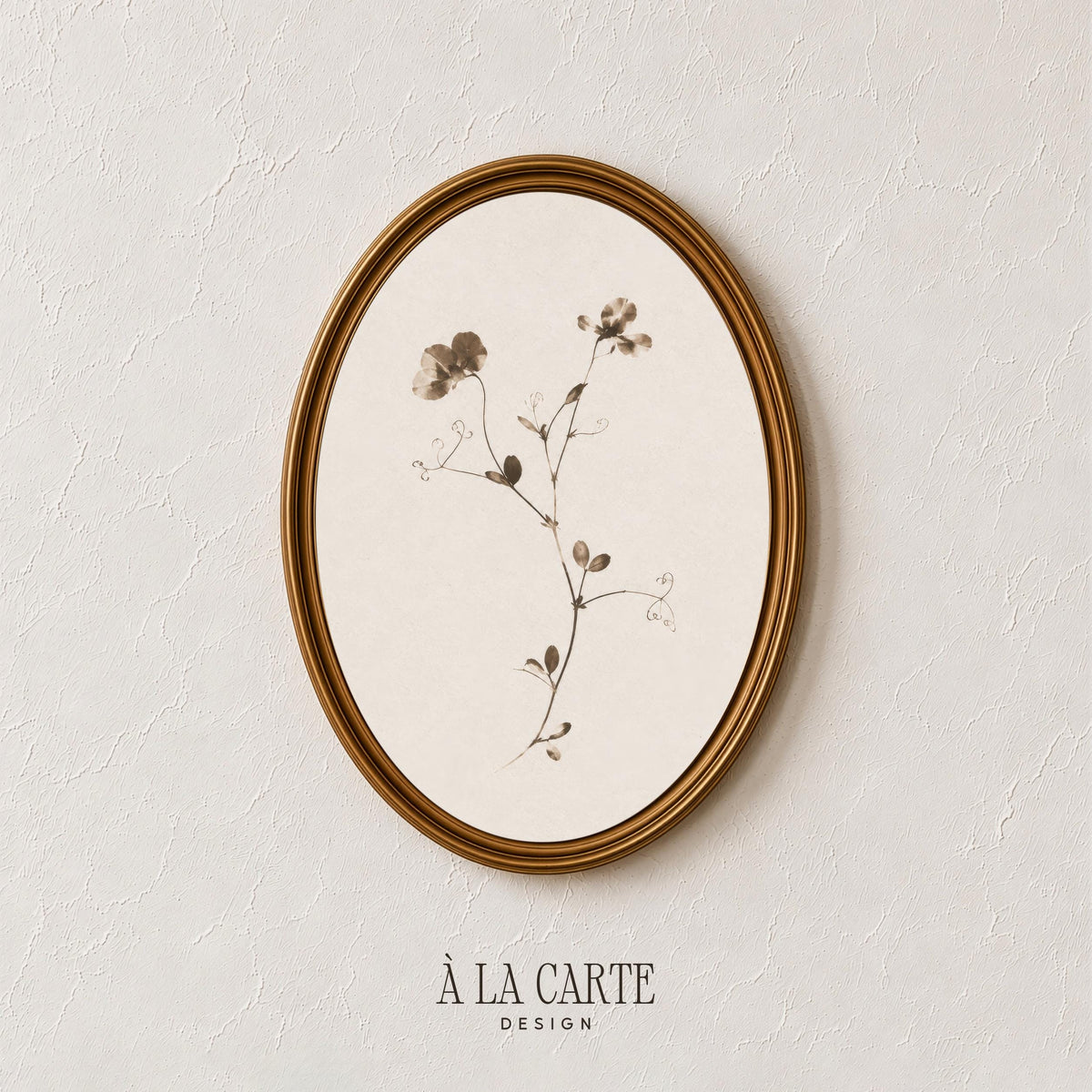 Delicate botanical sprig printable art for bedroom — vintage pressed-flower illustration in sepia tones