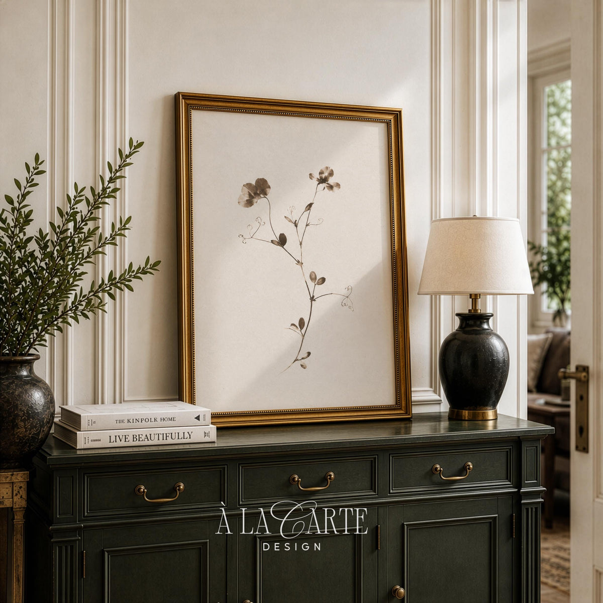 Ethereal flowering stem poster — muted botanical artwork with airy, scattered bud details