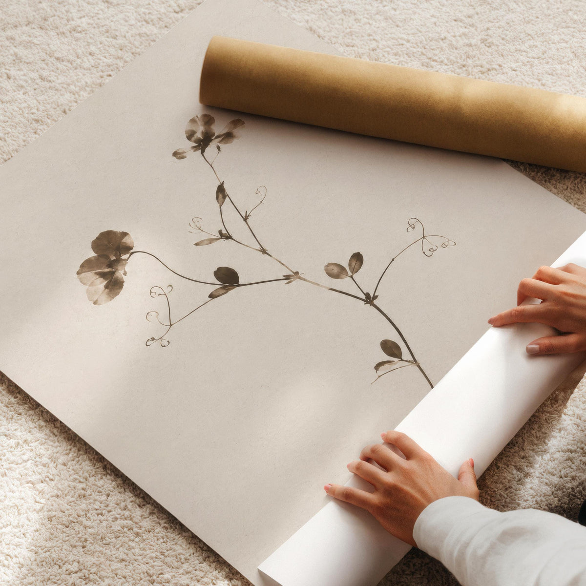 Understated botanical branch digital art — soft neutral tones with scattered delicate buds