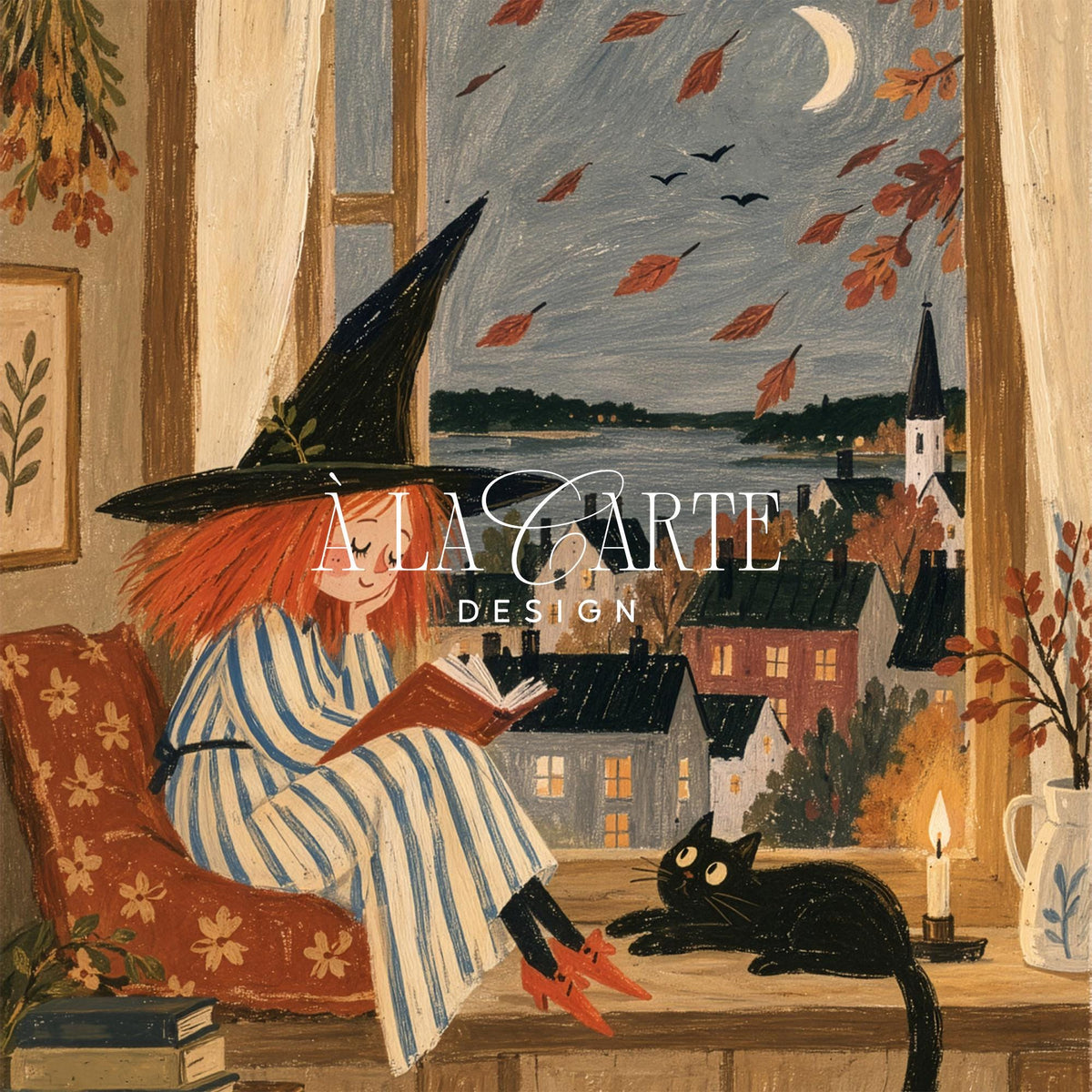 Bookish Witch Painting, Cozy Halloween Folk Wall Art, Playroom Print, Witchy Room Cozy Fall Decor, Scandinavian Wall Art V307