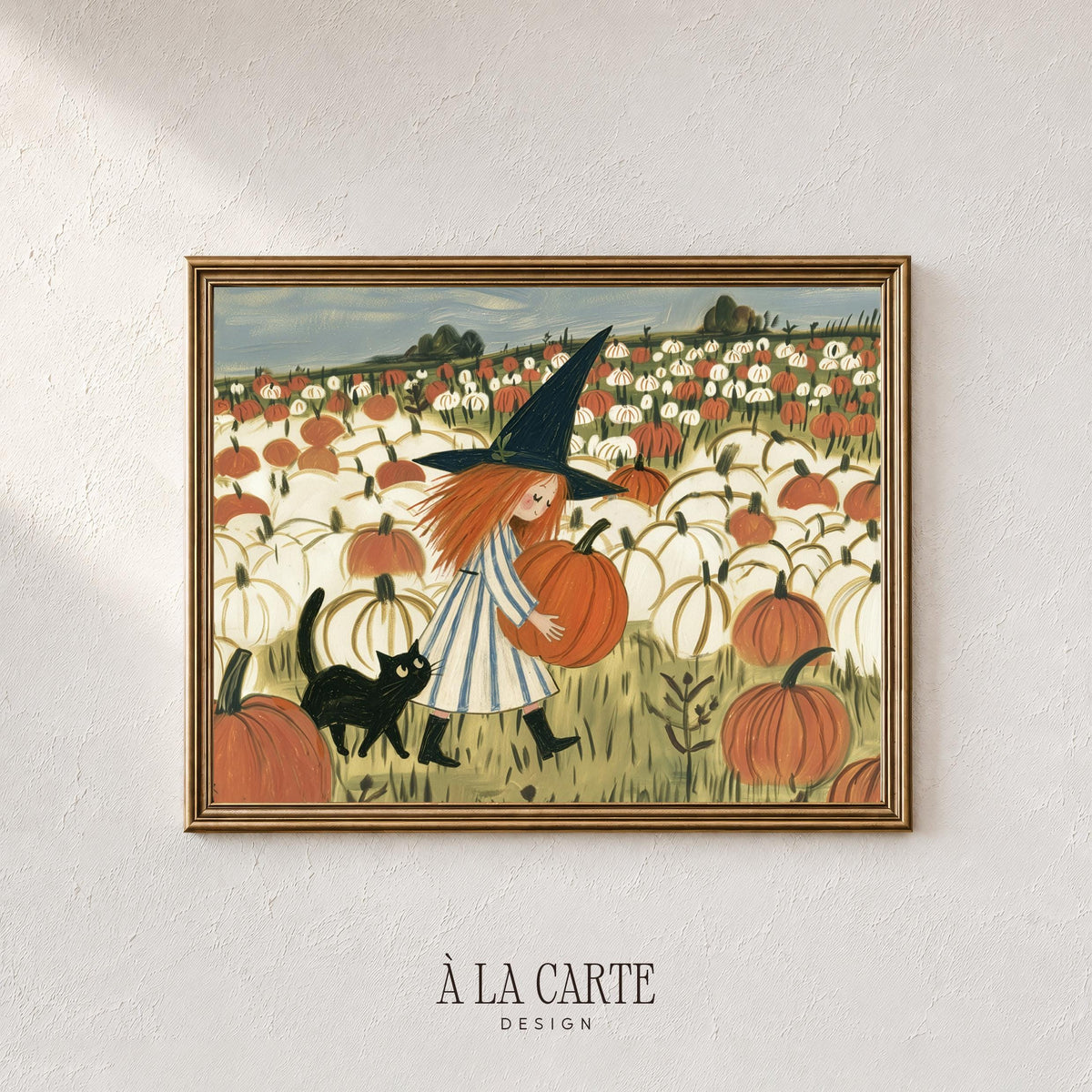 Spooky-cute girl with black cat digital download wall decor for fall — textured folk painting in warm colors