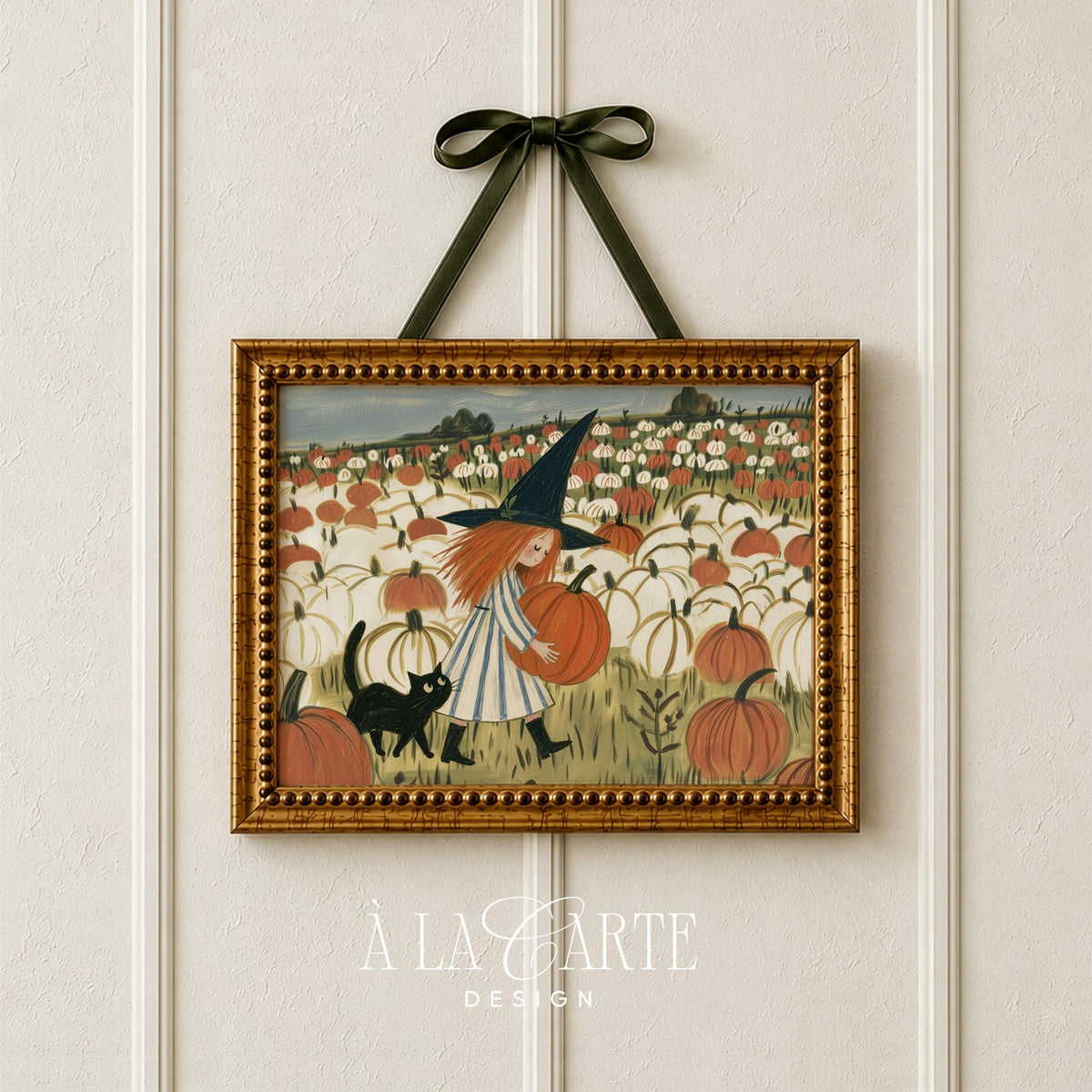 Pumpkin picker artwork for home — cute vintage-inspired fall illustration with folkloric details
