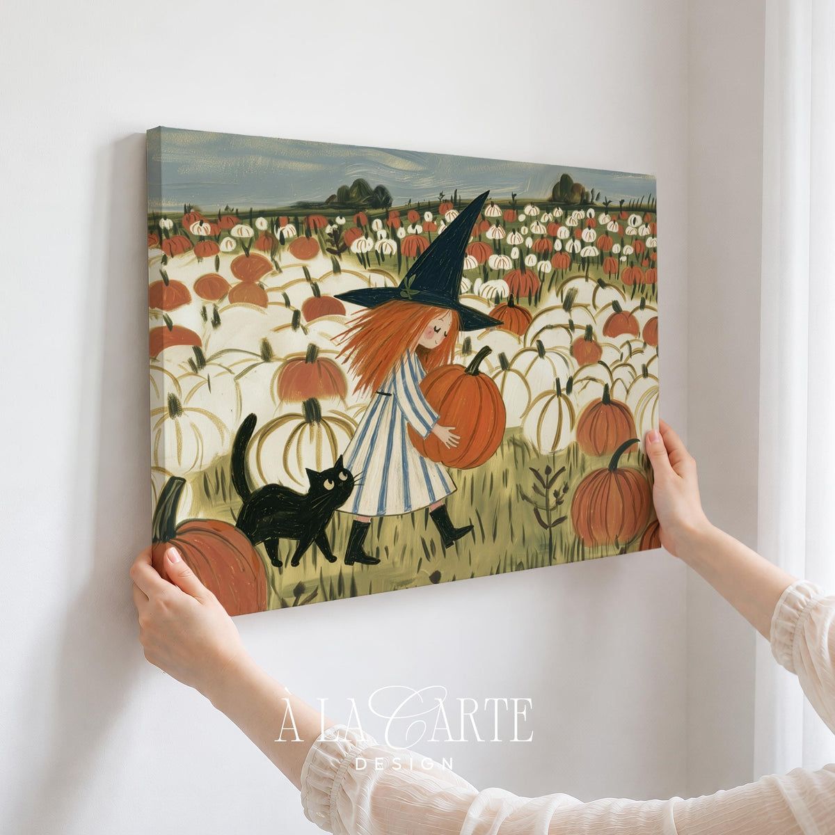 Cute Halloween girl picture for kitchen — folk art style with pumpkins, cat, and rustic charm