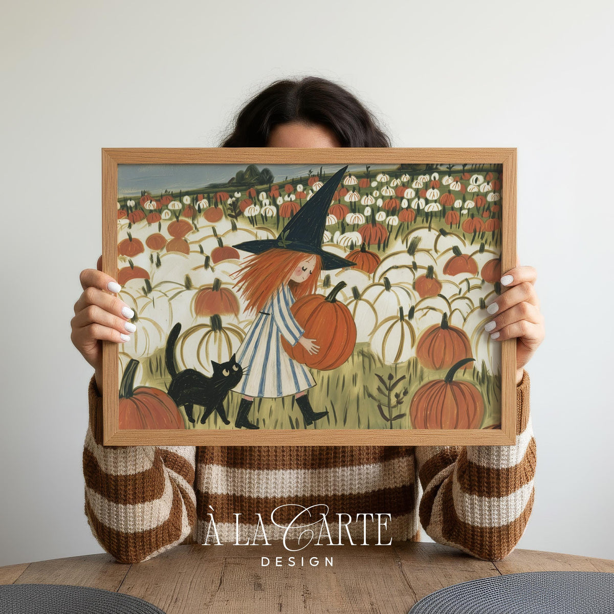 Festive autumn girl painting instant download wall art — cozy seasonal illustration with cottage charm