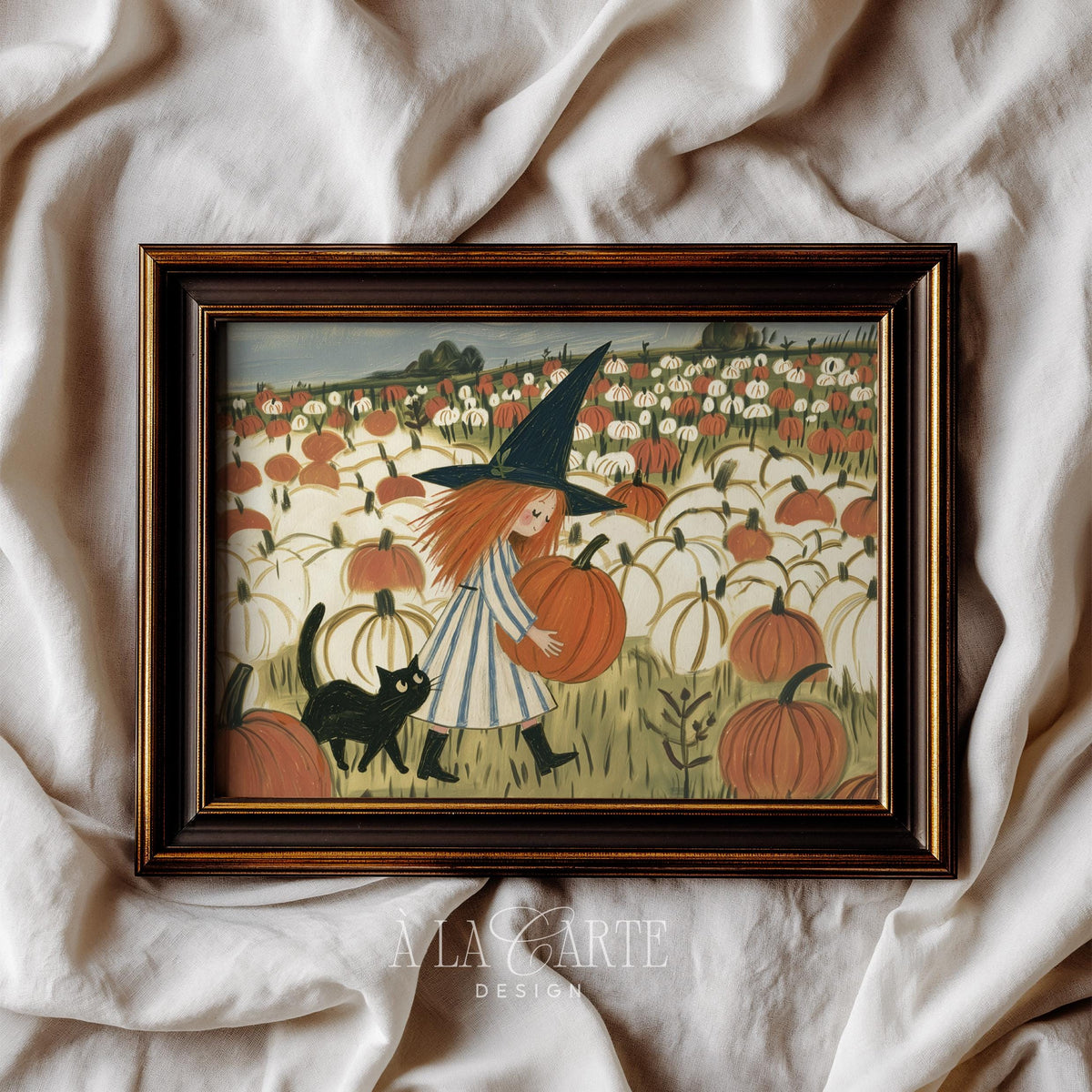 Cottagecore pumpkin patch poster printable art for bedroom — whimsical autumn woodland aesthetic