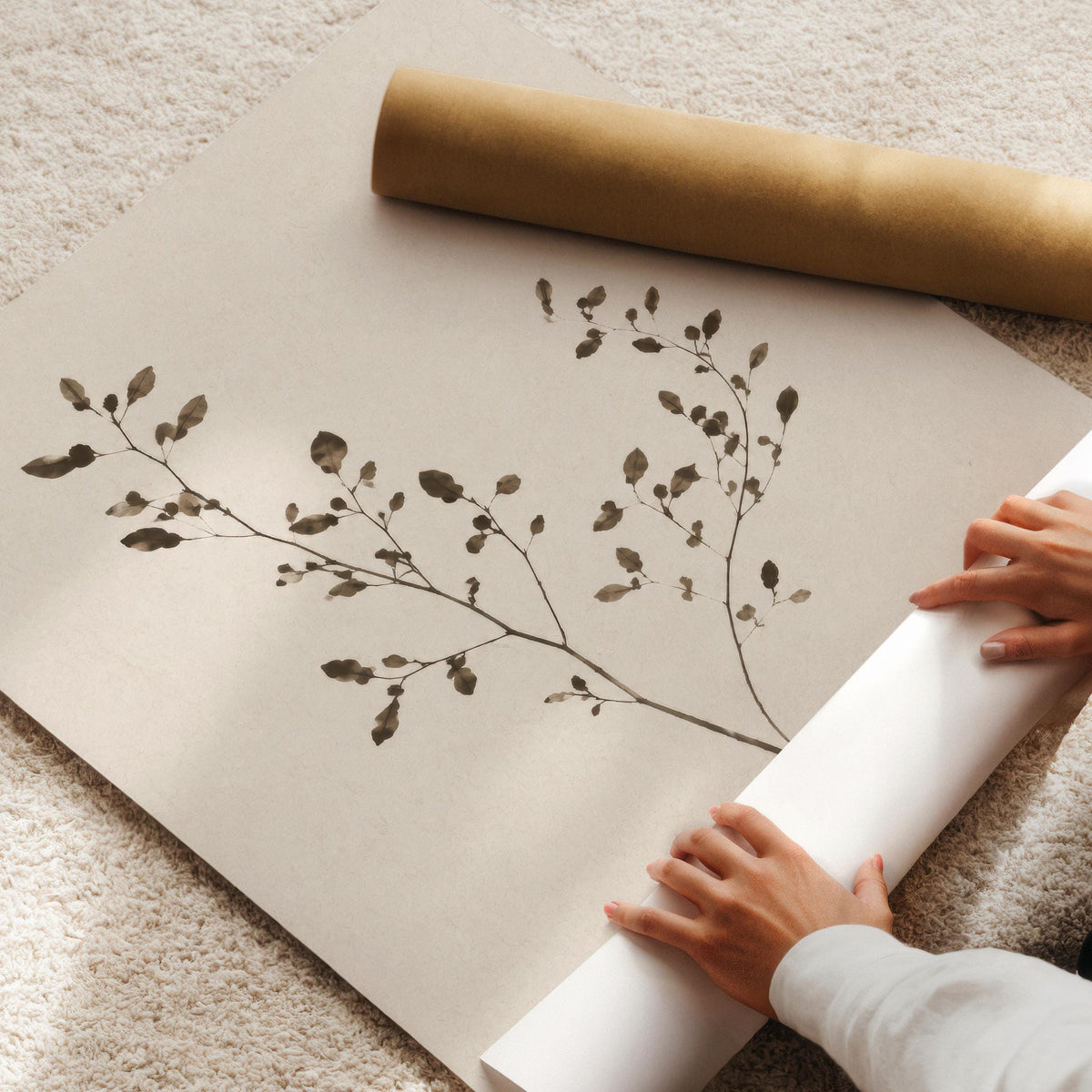 Fine-line plant stem artwork for gallery wall — vintage herbarium-style botanical with cream paper texture