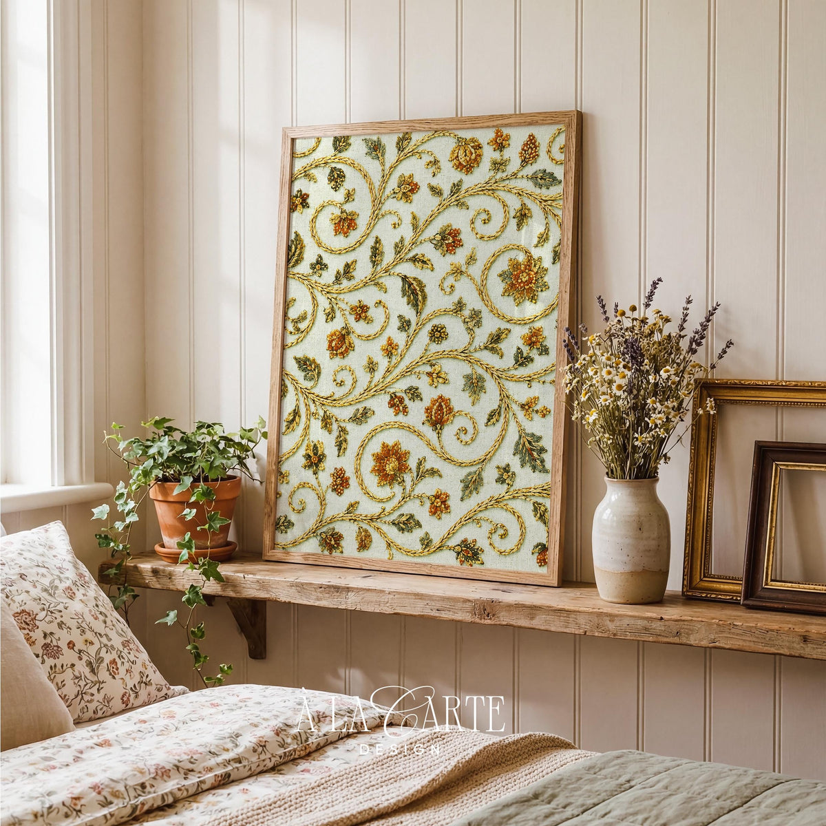 Vintage Floral Printable, Whimsical Botanical Pattern, Antique Tapestry Wall Art, Abstract Textile Print, Medieval Embroidery Download V119