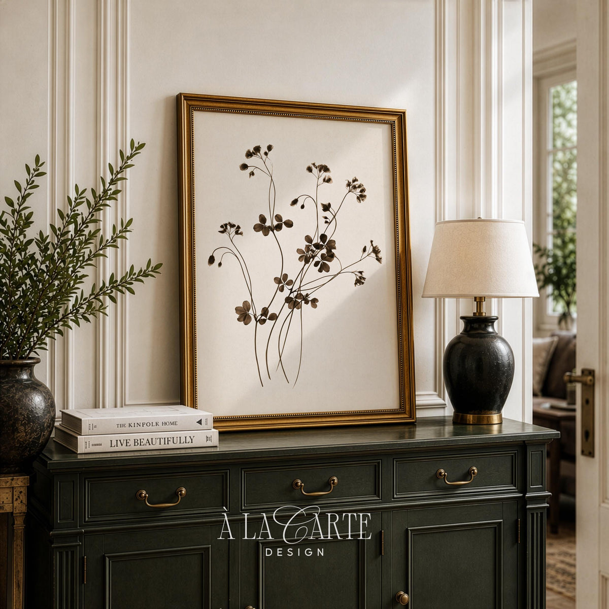 Delicate curling stem botanical artwork picture — rustic minimalist design for farmhouse spaces