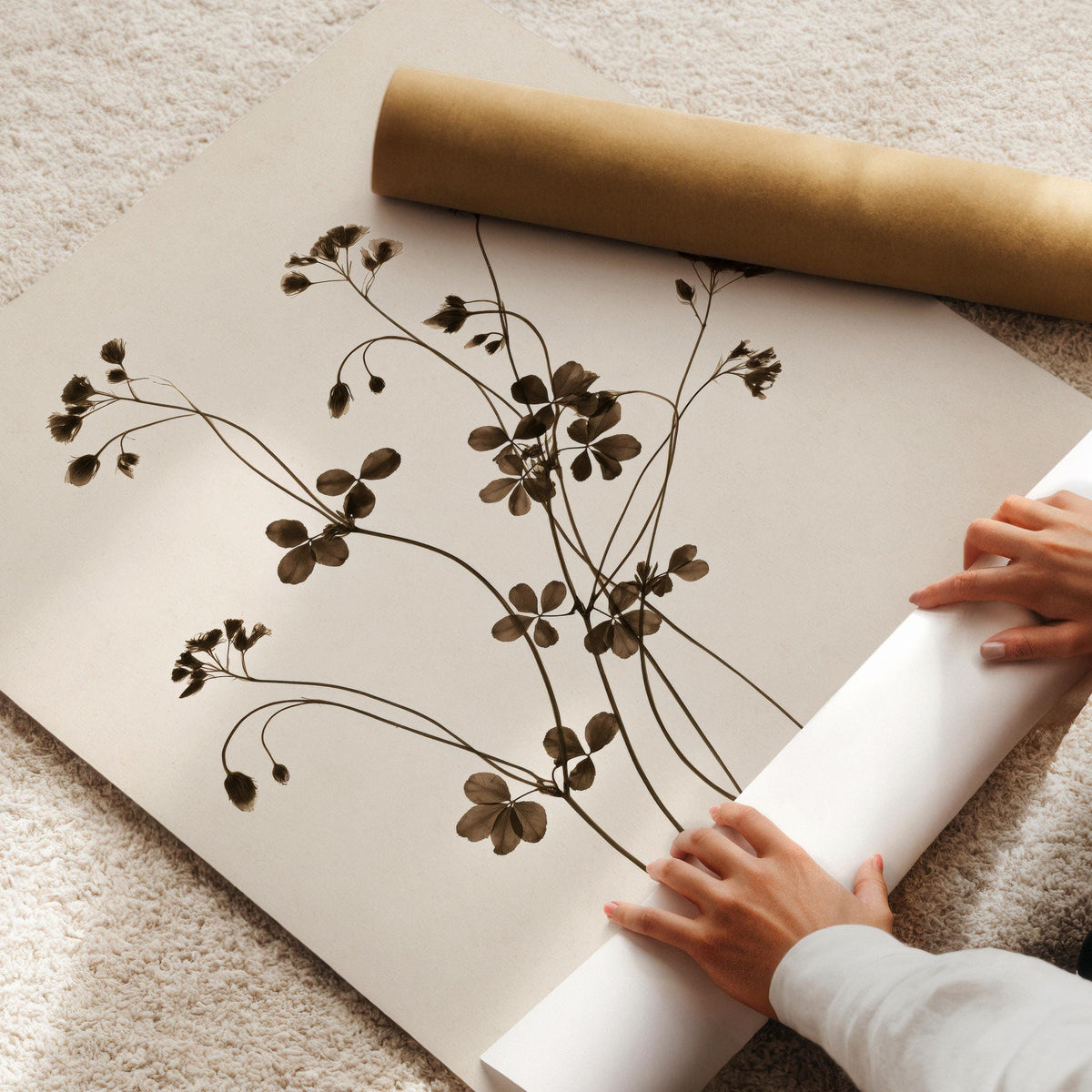 Minimalist wildflower illustration digital print for living room — vintage pressed florals with fine linework