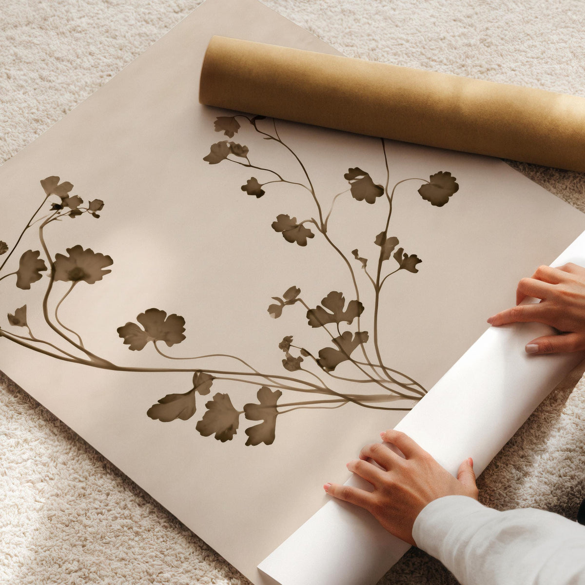 Botanical line drawing wall art for living room — minimal pressed flower study in soft vintage colors