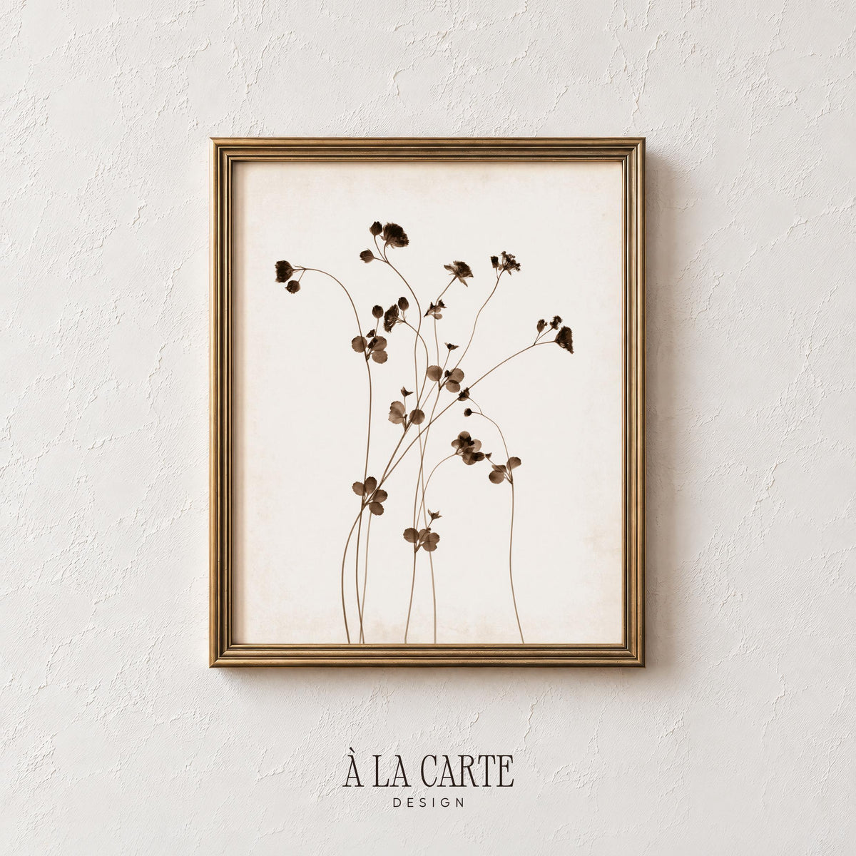 Botanical seed pod painting wall art for kitchen — delicate upward-branching stems with rustic farmhouse appeal