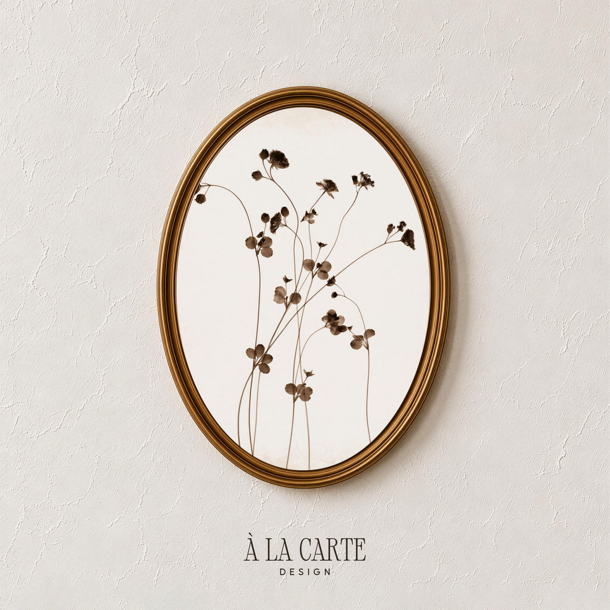 Thin botanical stems artwork printable — soft pressed-leaf composition with cream backdrop and earthy brown hues