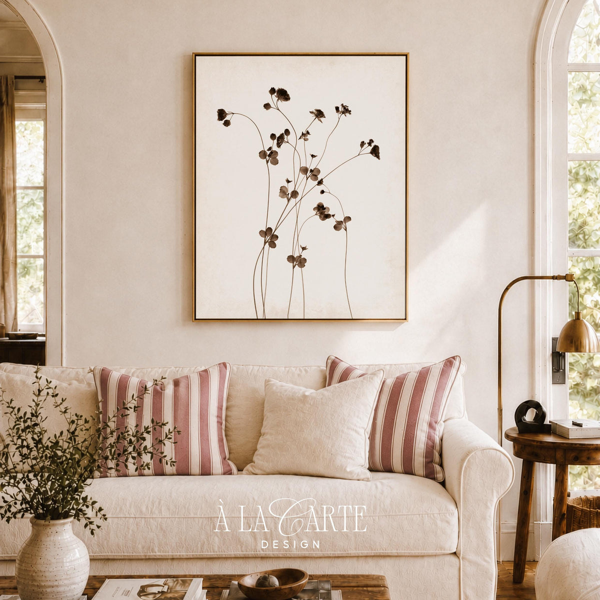 Pressed flower stems digital print wall art for farmhouse decor — muted brown tones and rustic botanical design