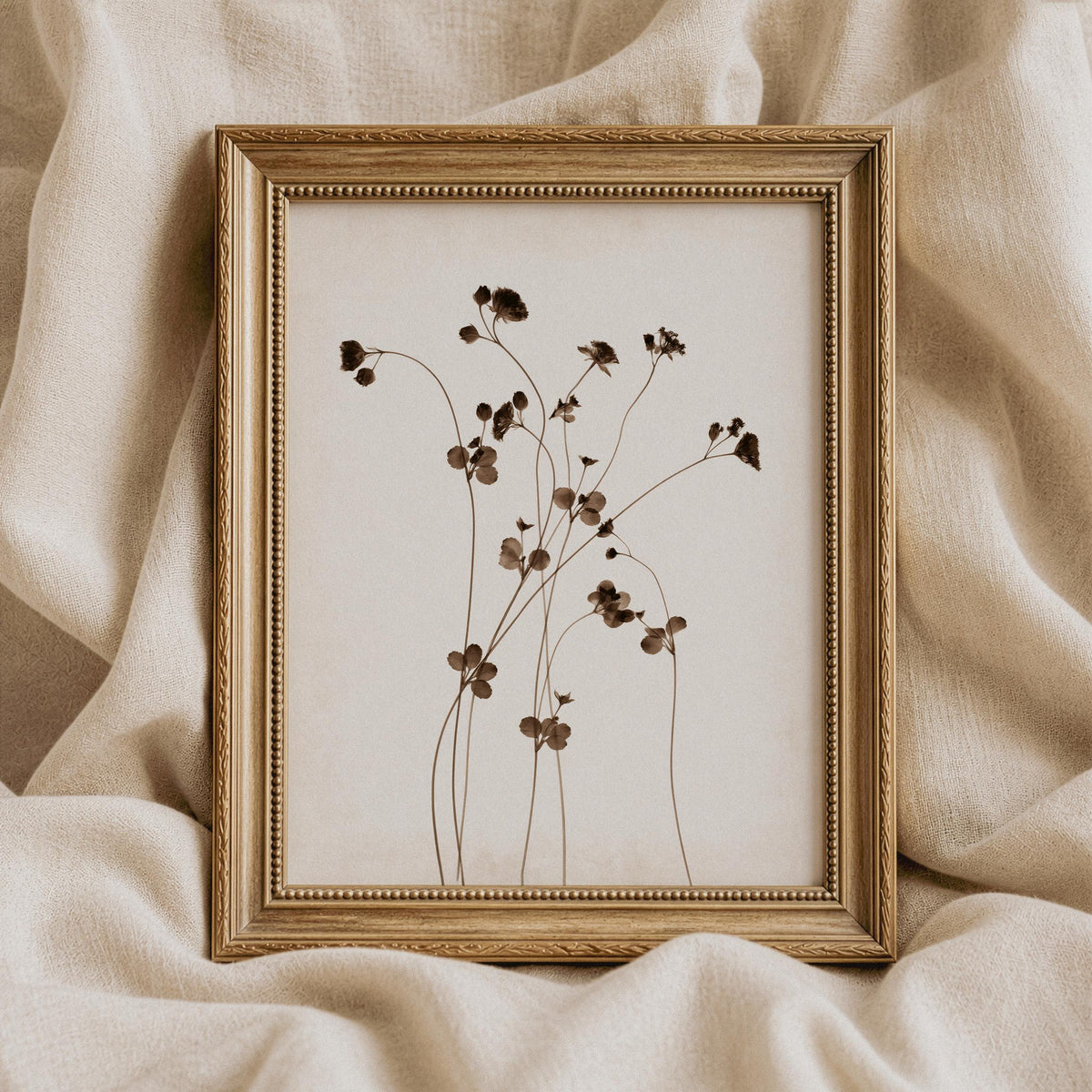 Organic curving stems artwork picture for neutral spaces — minimal botanical design with vintage cottage aesthetic