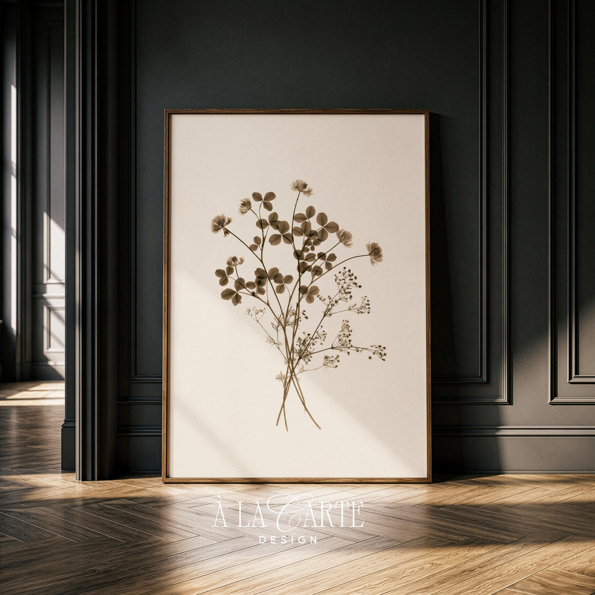 Botanical herbarium poster for bedroom — vintage-style pressed arrangement of slender stems, tiny blooms, and understated cottagecore aesthetic