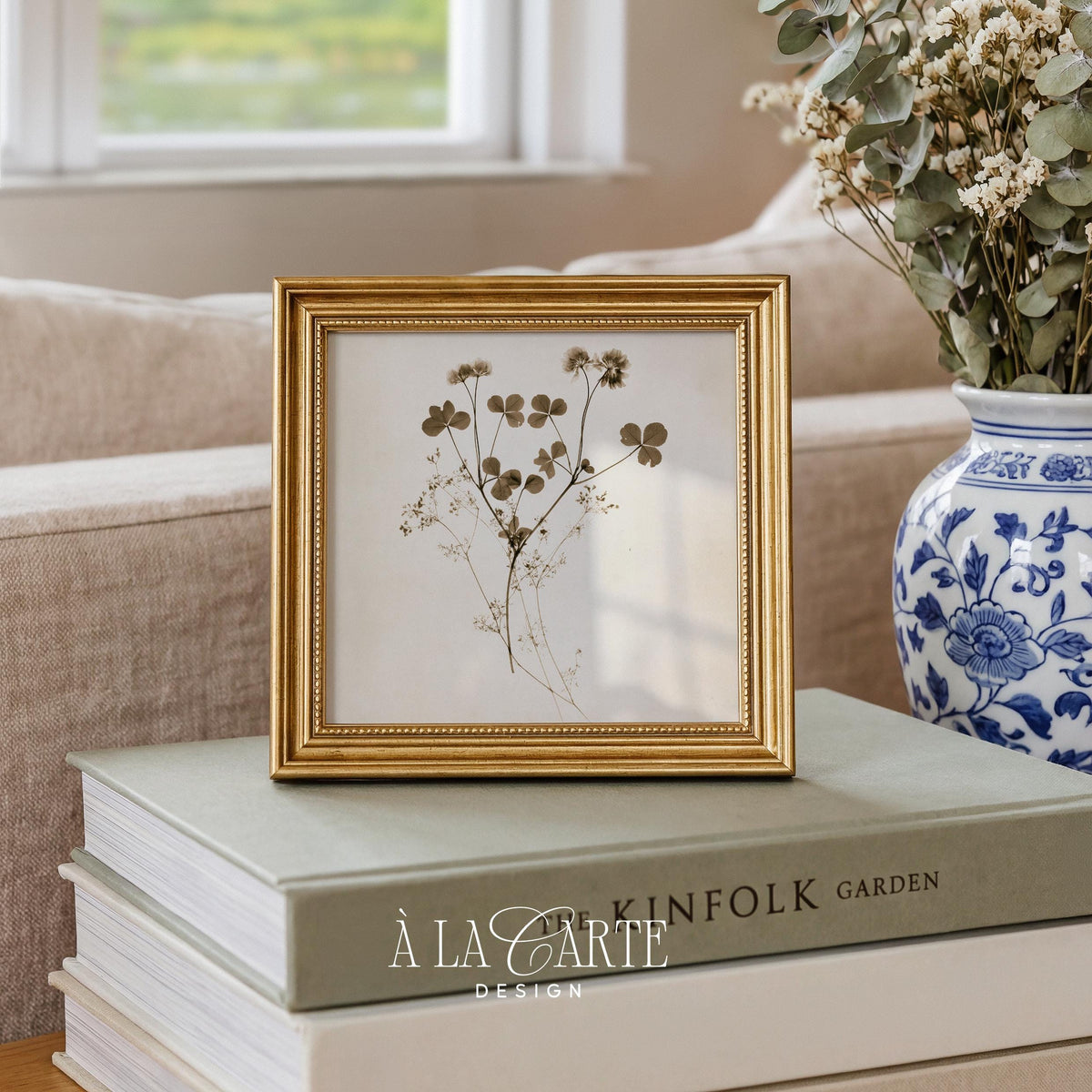 Pressed blooms printable art with fine sprigs — aged botanical on neutral background for gallery wall